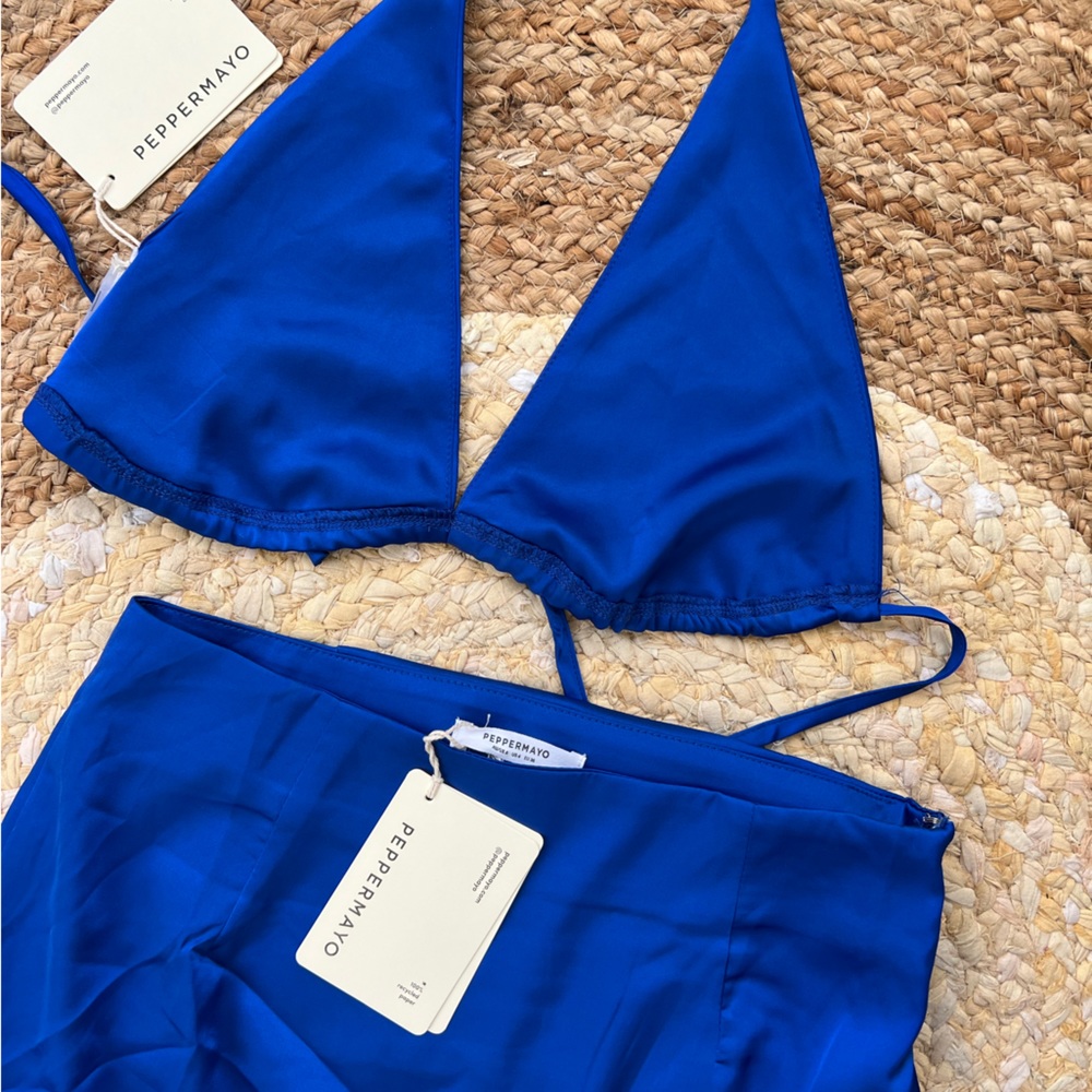 2 PIECE SET: cobalt blue satin top with maxi skirt